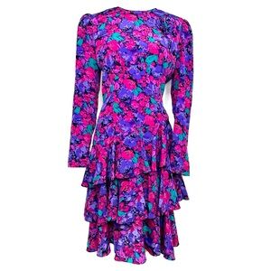 Vintage 80's Jody California Floral Rosette 3 Tier Ruffle Long Sleeve Midi Dress